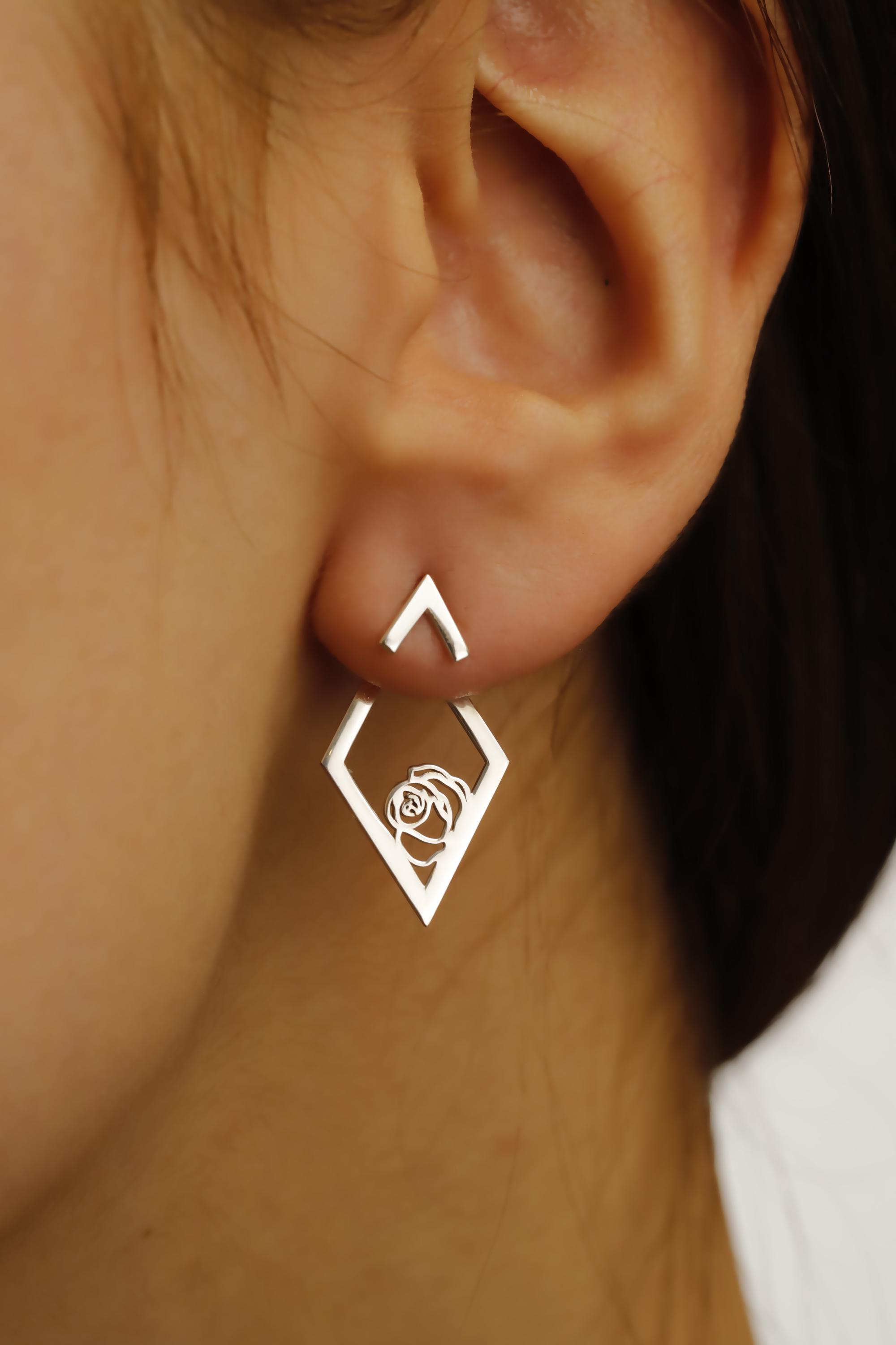 Ear Jacket Earrings, Birth Flower Ear Jacket Earrings, Custom Flower Earrings, Rhombus Earrings, Geometric Earrings With Birth Month Flower