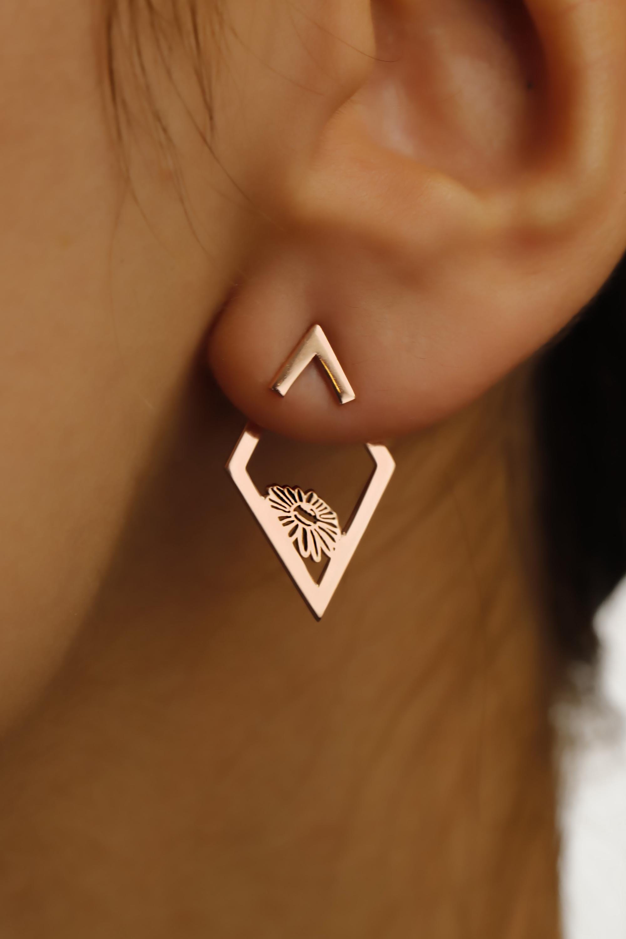 Ear Jacket Earrings, Birth Flower Ear Jacket Earrings, Custom Flower Earrings, Rhombus Earrings, Geometric Earrings With Birth Month Flower