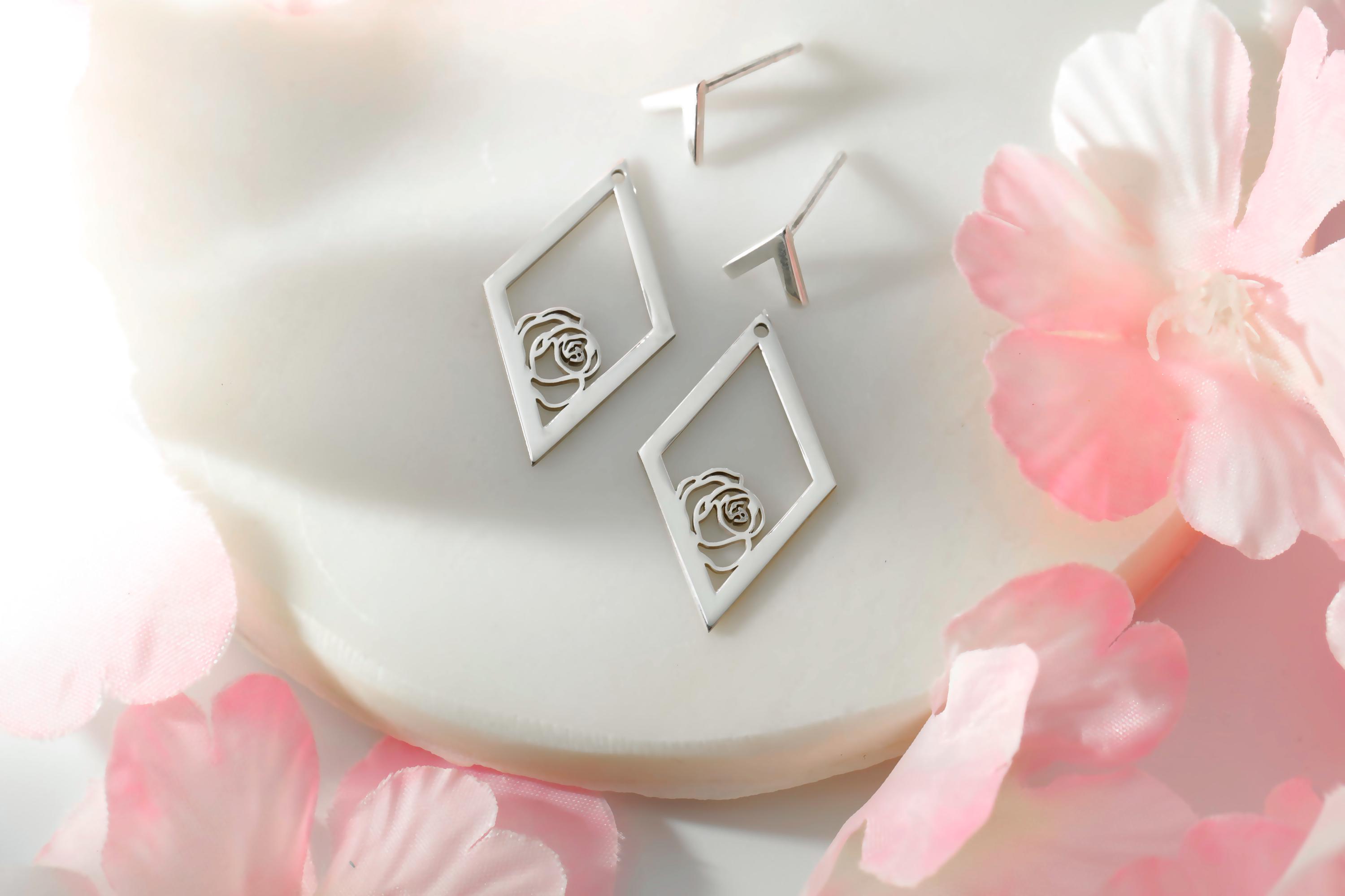 Ear Jacket Earrings, Birth Flower Ear Jacket Earrings, Custom Flower Earrings, Rhombus Earrings, Geometric Earrings With Birth Month Flower