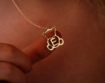 Personalized 14K Gold Filled Teddy Bear Necklace: Initial Letter Charm
