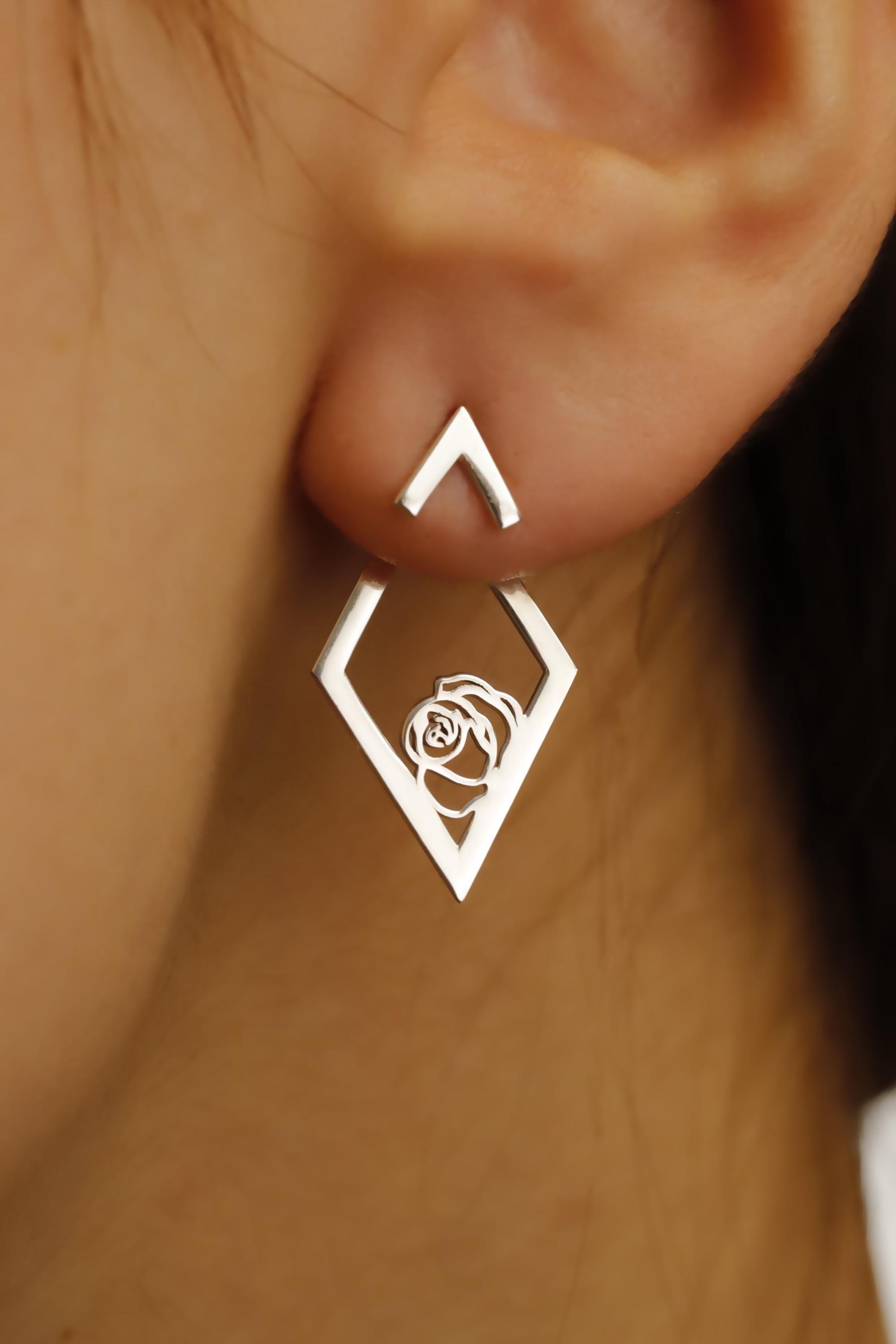 Ear Jacket Earrings, Birth Flower Ear Jacket Earrings, Custom Flower Earrings, Rhombus Earrings, Geometric Earrings With Birth Month Flower