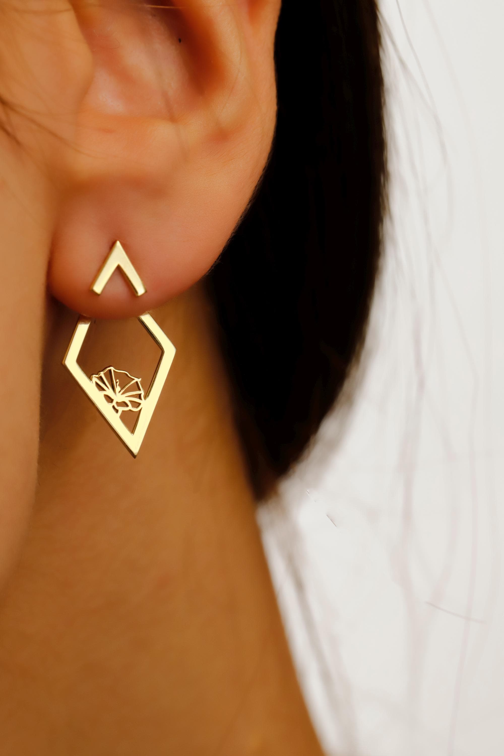 Ear Jacket Earrings, Birth Flower Ear Jacket Earrings, Custom Flower Earrings, Rhombus Earrings, Geometric Earrings With Birth Month Flower