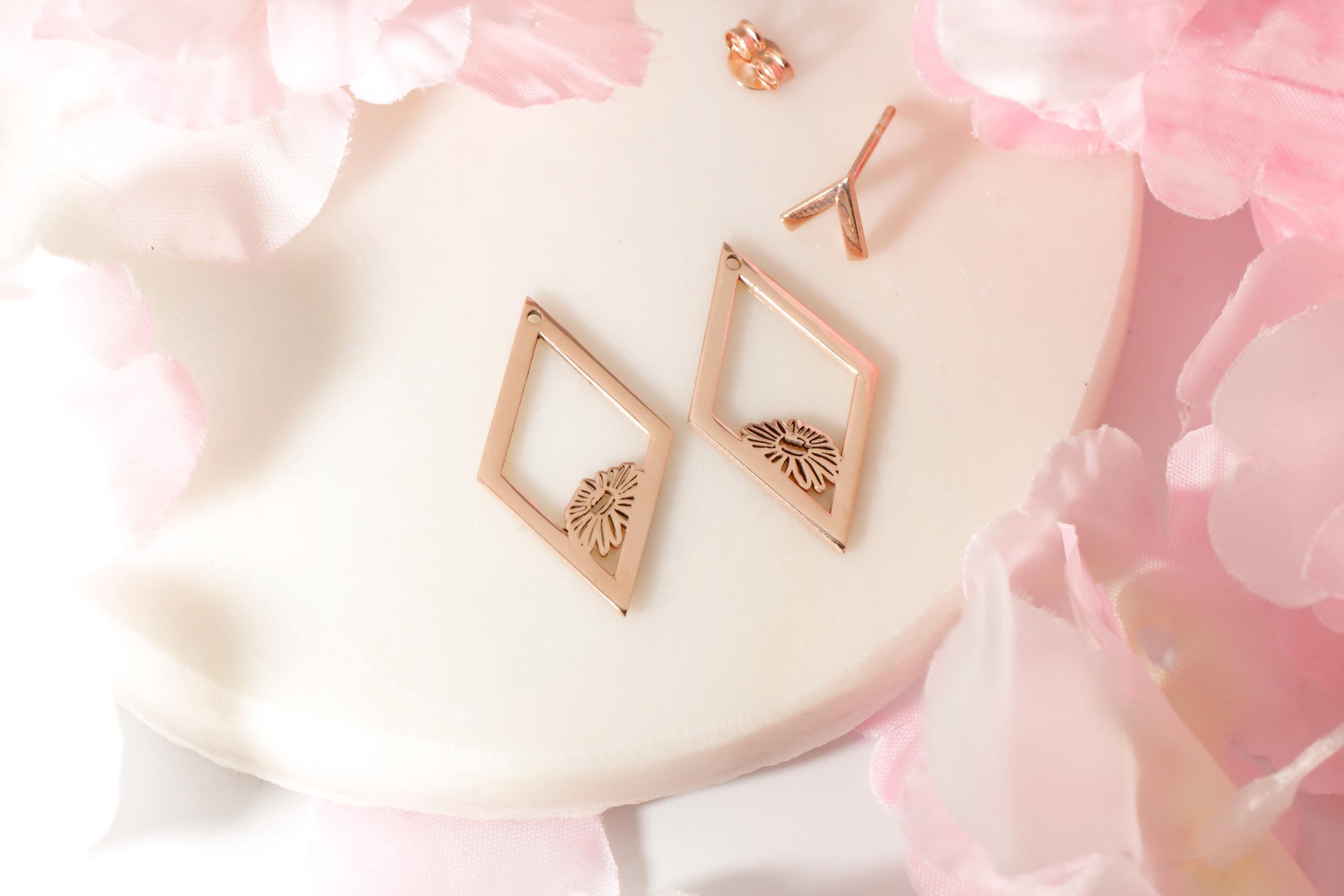 Ear Jacket Earrings, Birth Flower Ear Jacket Earrings, Custom Flower Earrings, Rhombus Earrings, Geometric Earrings With Birth Month Flower