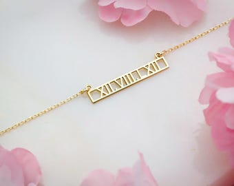 14K Gold Filled Roman Numeral Date Necklace, Symbolic Jewelry, 925 Sterling Silver or Brass