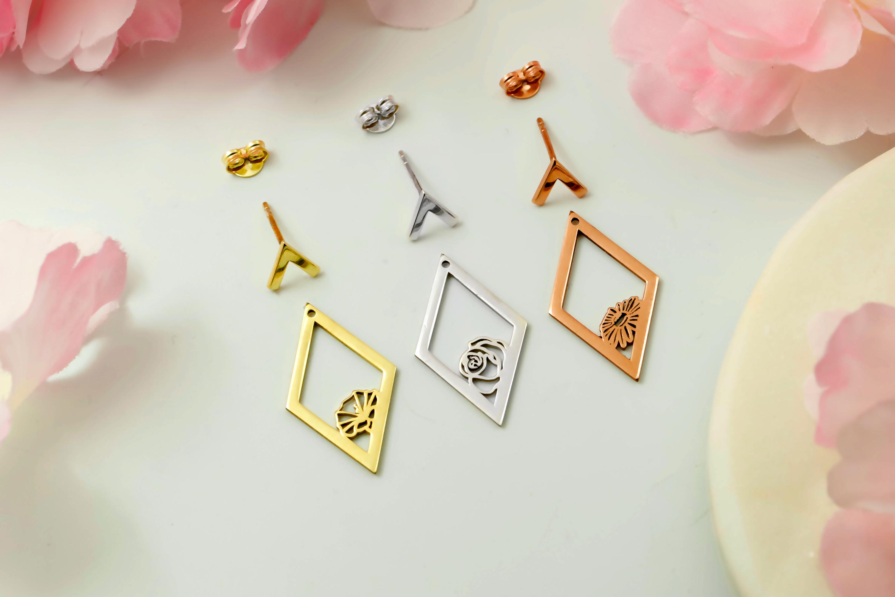 Ear Jacket Earrings, Birth Flower Ear Jacket Earrings, Custom Flower Earrings, Rhombus Earrings, Geometric Earrings With Birth Month Flower