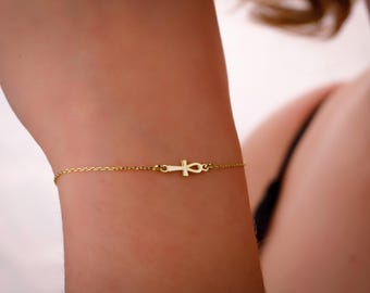 Minimal Sterling Silver Ankh Bracelet: Egyptian Symbol of Life