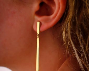 14K Gold Filled Bar Earrings: Sterling Silver Long Dangle Stick Pendants