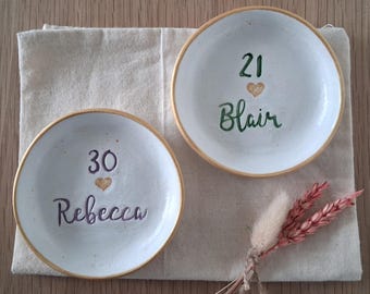 Personalised Clay Trinket Dish: Custom Age and Name, Birthday Gift, Gold Rim