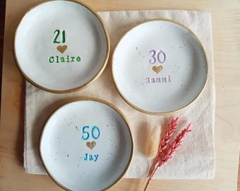 Personalised Clay Trinket Dish: Custom Age and Name, Birthday Gift, Gold Rim