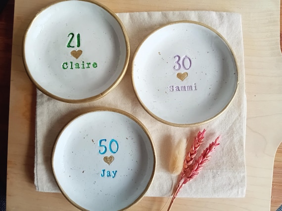 Personalised Clay Trinket Dish: Custom Age and Name, Birthday Gift, Gold Rim