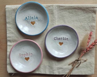 Handmade Mini Heart Trinket Dish: Personalised Name, Friendship Gift, Gold Rim