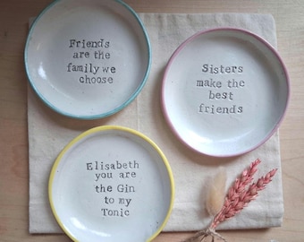 Handmade Personalised Trinket Dish: Custom Saying, Decorative Bowl, Coloured rim