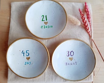 Bespoke trinket clay dish with personalised age and name, custom colour, perfect gift for special birthday, gift for loved one, gift for her