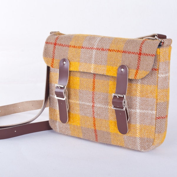 Harris Tweed Leather Yellow Plaid Mini Satchel for iPad or Laptop