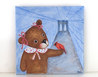 On the Brooklyn Bridge- Nursery Teddy Bear painting, art, original, painting on canvas,art, New York scenery,decoration, sweet dreams art