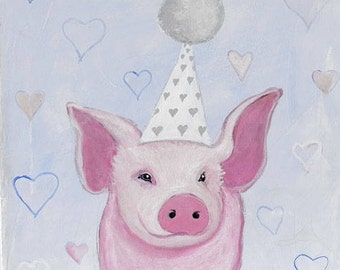 Birthday Piggy-Nursery painting,art,original,painting on canvas,art, birthday gift, decoration, sweet dreams art, for him, baby boy, toddler