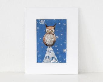 Midnight Owl -Print of my painting,nursery art,teddy bear,original,wall art,Chrystler building,children decoration,birthday,gift for him,her