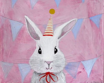 Birthday Bunny-Nursery painting,art,original,painting on canvas,art, birthday gift,decoration, sweet dreams art, for her, baby girl, toddler