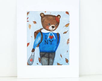 I Love NY- Print of my Nursery Teddy Bear painting, art, original, painting on canvas,art, New York,leaves, fall,windy day,newyorker,