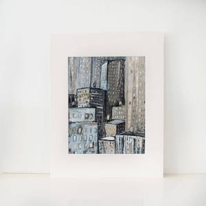 New York City Buildings-An original painting, collage,mixed media illustration, urban, modern art,picture, cityscape,monochromatic,blue,gray image 1