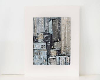New York City Buildings-An original painting, collage,mixed media illustration, urban, modern art,picture, cityscape,monochromatic,blue,gray