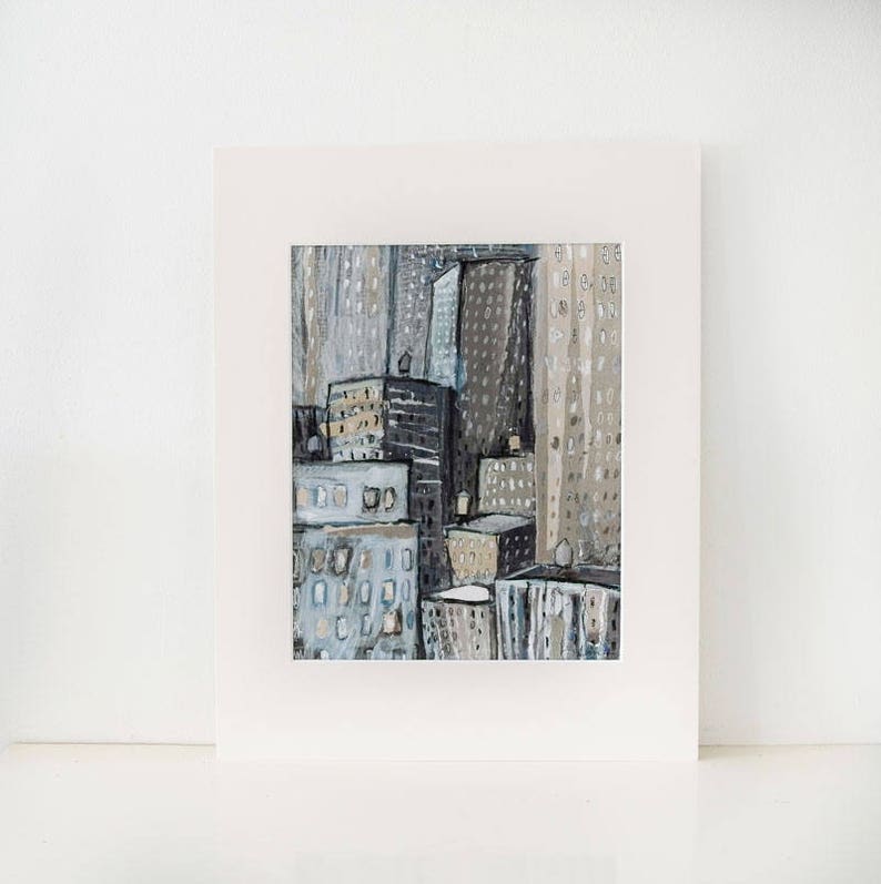 New York City Buildings-An original painting, collage,mixed media illustration, urban, modern art,picture, cityscape,monochromatic,blue,gray image 1