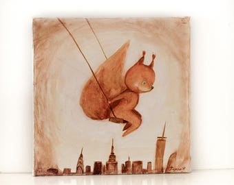 Swinging Squirrel-Nursery painting, art,original,painting on canvas,art, New York scenery,city landscape, decoration, sweet dreams art