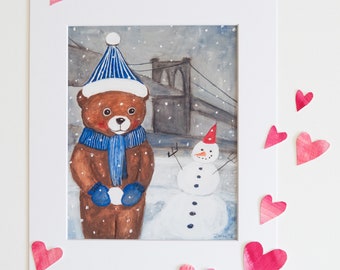 Making a Snowman- Print of my  Nursery Teddy Bear painting, art, illustration,digital print,snow, winter, Brooklyn Bridge, New York scenery