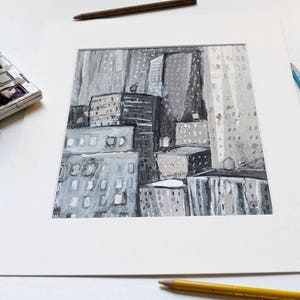 New York City Buildings-An original painting, collage,mixed media illustration, urban, modern art,picture, cityscape,monochromatic,blue,gray image 4