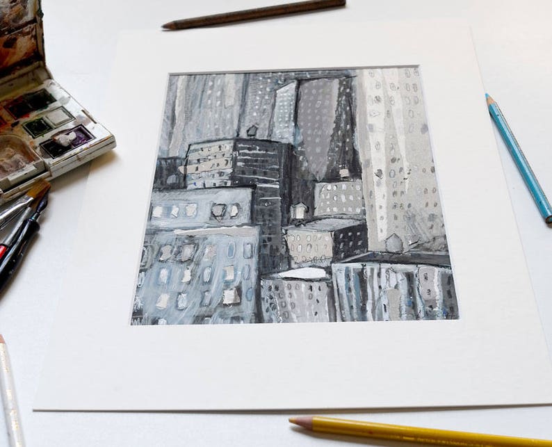 New York City Buildings-An original painting, collage,mixed media illustration, urban, modern art,picture, cityscape,monochromatic,blue,gray image 4