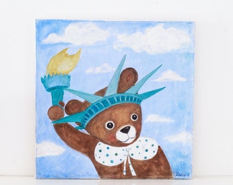 Teddy Bear Statue of Liberty-Nursery Teddy Bear painting, art, original, painting on canvas,art, New York scenery, nursery decoration