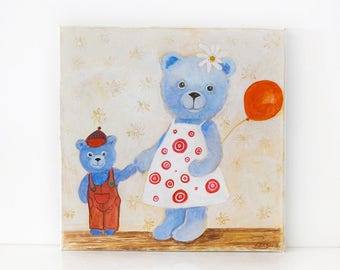 Teddy bear family-Nursery painting,art,original,painting on canvas,art, birthday gift,decoration,sweet dreams art,for him, baby boy, toddler