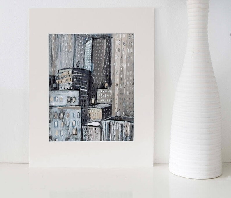 New York City Buildings-An original painting, collage,mixed media illustration, urban, modern art,picture, cityscape,monochromatic,blue,gray image 3