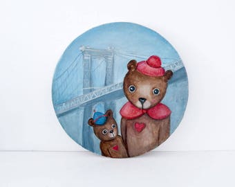 Mommy&Me - Nursery painting, round original painting on canvas, art, birthday gift ,decoration, Manhatttan Bridge,for him, baby, toddler,