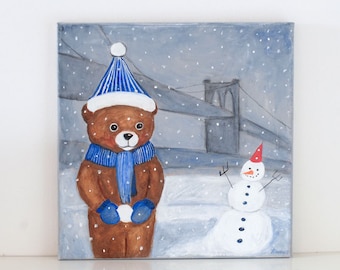 Making a Snowman-Nursery Teddy Bear painting,art,original,painting on canvas,art, Brooklyn Bridge,New York scenery,sweet dreams art, winter