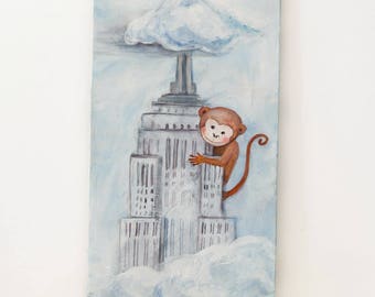 Empire State Building Art,Where's the Monkey??-Room decor, NYC art, original art, on canvas, mixed media art, in clouds, monkey art,for kids