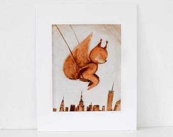Swinging Squirrel-Large print of my Nursery painting, art, New York scenery,city landscape, decoration, sweet dreams art, baby gift, toddler
