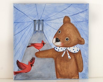 On the Brooklyn Bridge II- Nursery Teddy Bear painting, art, original, painting on canvas,art, New York scenery,decoration, sweet dreams art