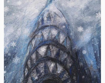 New York City Winter - Print of my original painting, NYC art, Chrysler Building, snow, winter, blue, white, black, ready to hang, gift