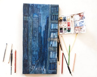 City of Ghosts -New York City Art,Wall street,Original painting on canvas,mixed media,blue,dark,night city,urban,modern, people,gothic mood