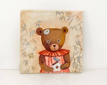 Lady Bear - Nursery painting,art,original,painting on canvas,cute birthday gift, room decoration,bird, floral painting, Teddy bear painting