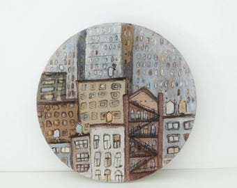 New York Downtown Original Painting, Canal Street, Round Collage Canvas, Mix Media