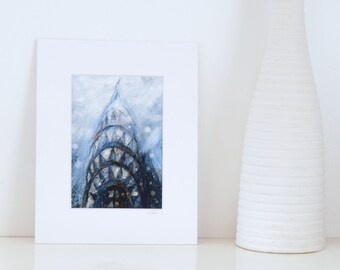 New York City Winter - Small Print of my original painting, NYC art, Chrysler Building, snow, winter, blue, white, black, gift