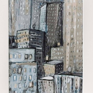 New York City Buildings-An original painting, collage,mixed media illustration, urban, modern art,picture, cityscape,monochromatic,blue,gray image 2