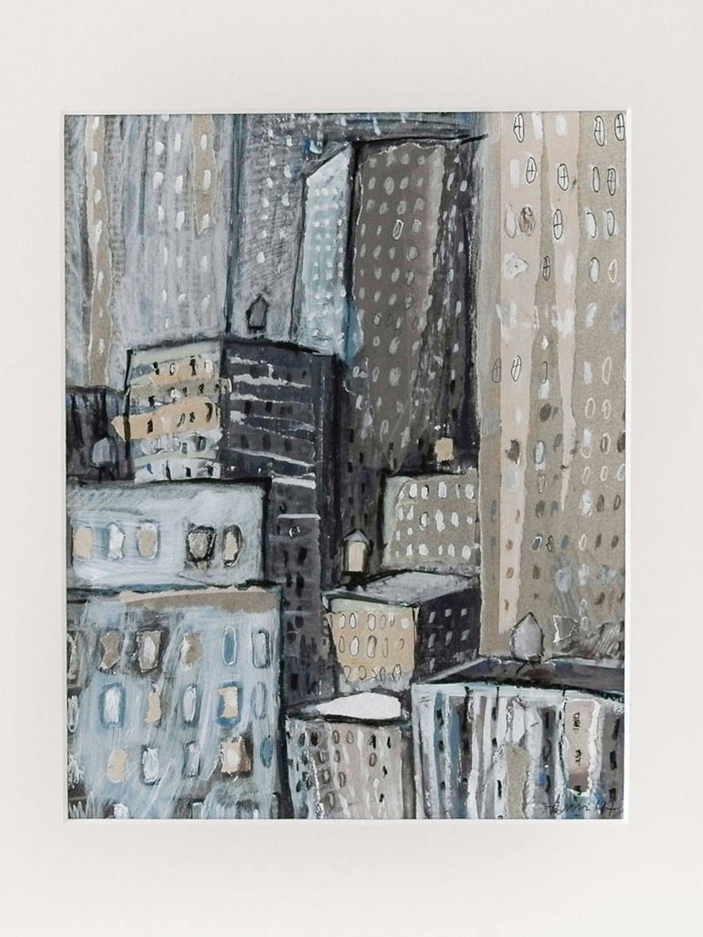 New York City Buildings-An original painting, collage,mixed media illustration, urban, modern art,picture, cityscape,monochromatic,blue,gray image 2