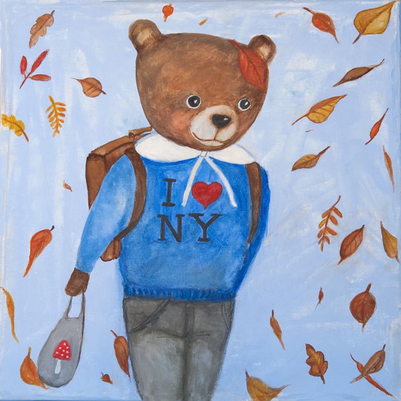 May include: A whimsical painting of a brown bear wearing a blue sweater with "I ❤️ NY" and a backpack. The bear carries a bag with a mushroom design, surrounded by falling autumn leaves against a light blue background.