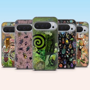 May include: A collection of five phone cases with unique designs. The cases feature various insect and nature-themed patterns, including beetles, a green spiral, and forest scenes. The cases have a clear, glossy finish and are displayed against a gradient blue background.