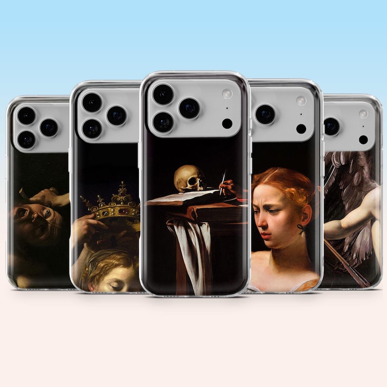 May include: A collection of five phone cases featuring classic art prints. The cases showcase various Renaissance-style paintings with dark backgrounds and detailed imagery. Each case has a clear, protective border.
