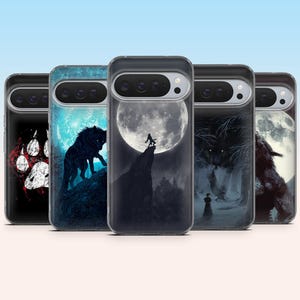 May include: A collection of phone cases featuring wolf-themed designs. The cases display images of wolves, paw prints, and figures silhouetted against a full moon. The color palette includes shades of black, white, and blue.