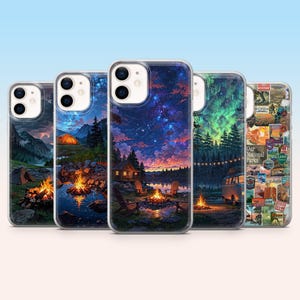 May include: Five phone cases with camping scenes. Each case has a different illustration, including campfires, tents, cabins, and starry skies. The cases are clear with a glossy finish, perfect for outdoor enthusiasts.